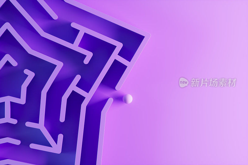 Labyrinth maze in star shape on lilac background with neon lighting
